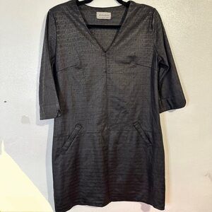 Amelie & Amelie Black Textured Faux Croc or Snake V-Neck Dress, Made in Italy